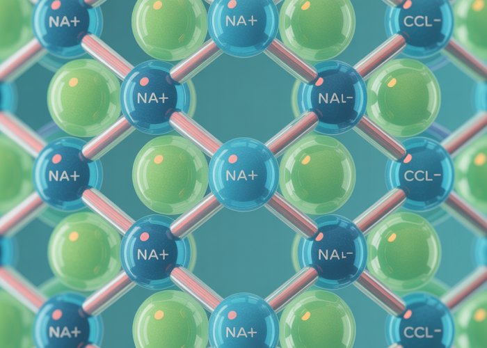 Illustration of the crystal lattice structure of sodium chloride (NaCl) showing strong ionic bonds between sodium and chloride ions.