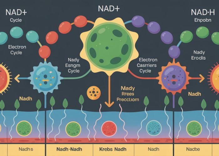 Illustration of the NAD+/NADH redox cycle showing electron transfer and energy production in cellular metabolism.