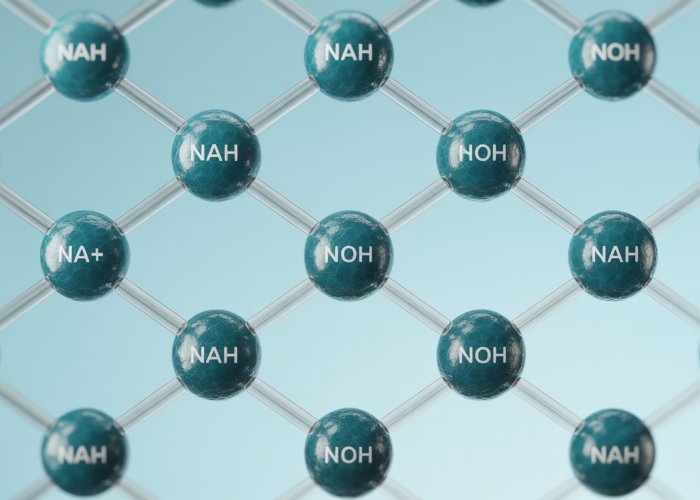 3D Rendering of Sodium Hydroxide (NaOH) Crystal Structure showing Na+ and OH- ions.