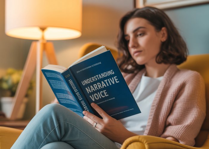 Person reading a book about narrative voice in a cozy armchair.