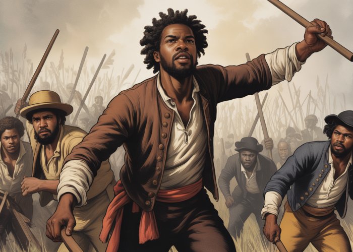 Nat Turner leading the Southampton Rebellion, fighting for the freedom of enslaved people.