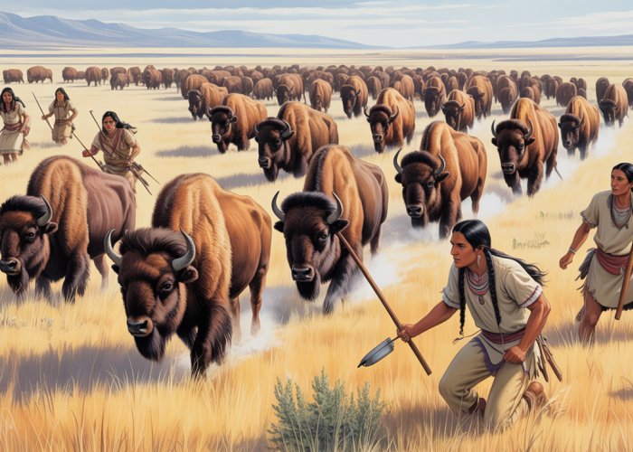 Native American hunters on the Great Plains pursuing bison.