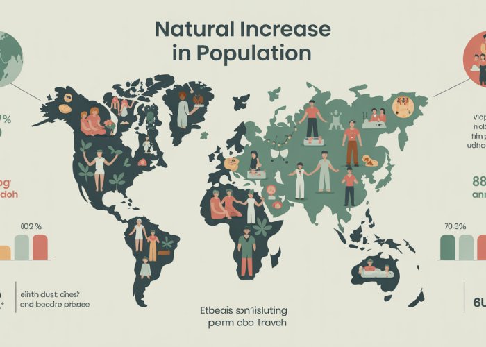 Infographic explaining natural population increase, showing birth rates, death rates, and population growth with examples from different countries.