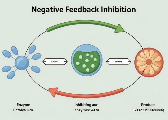Diagram illustrating negative feedback inhibition, showing a product inhibiting an enzyme in a metabolic pathway.