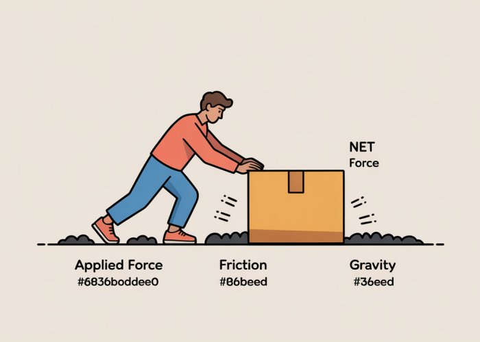 Diagram showing the net force on a box being pushed across a rough surface, with vectors illustrating applied force, friction, and gravity.