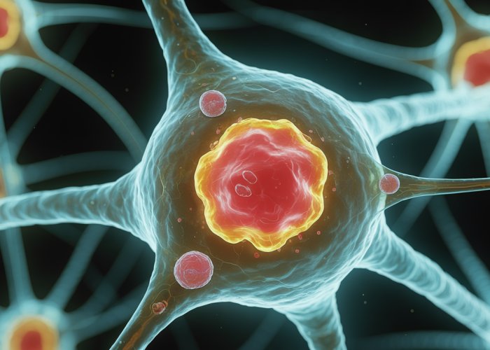 Microscopic view of a neuron cell body with visible nucleus, cytoplasm, and organelles.