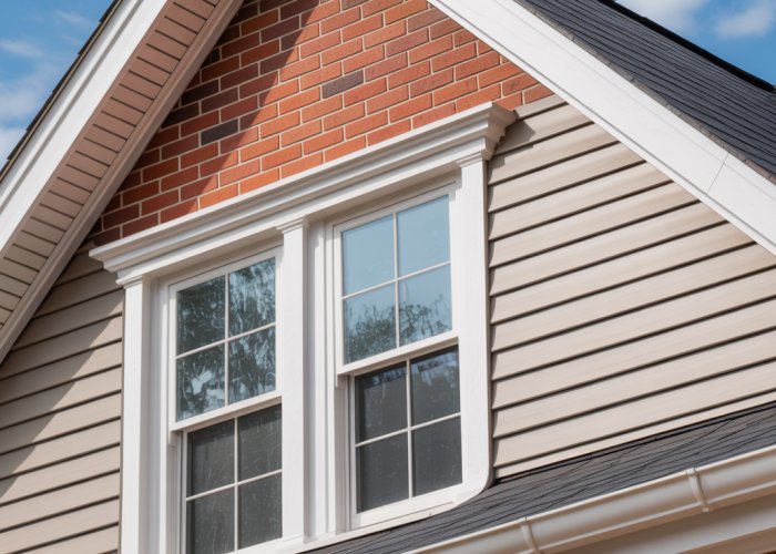 Newly installed siding around a brick chimney showing professional craftsmanship.