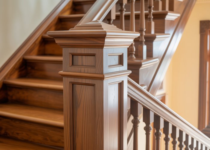 Elegant staircase with a newel post height optimized for comfort and visual appeal.