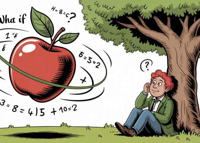 Cartoon illustration of Newton and the apple, pondering 'What if?'