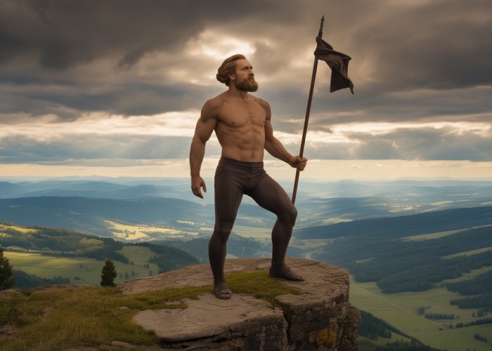 Image of a powerful figure representing Nietzsche's Master Morality, standing on a mountaintop.