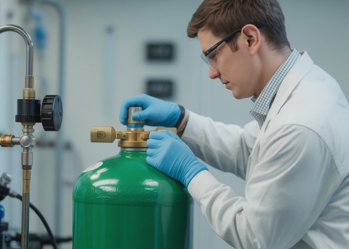 Technician carefully handling nitrogen oxide gas cylinder, emphasizing safety procedures in a lab.