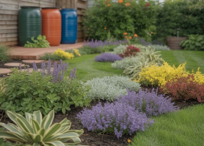 A lush, colorful no-mow grass garden featuring a variety of groundcover plants and pollinators.