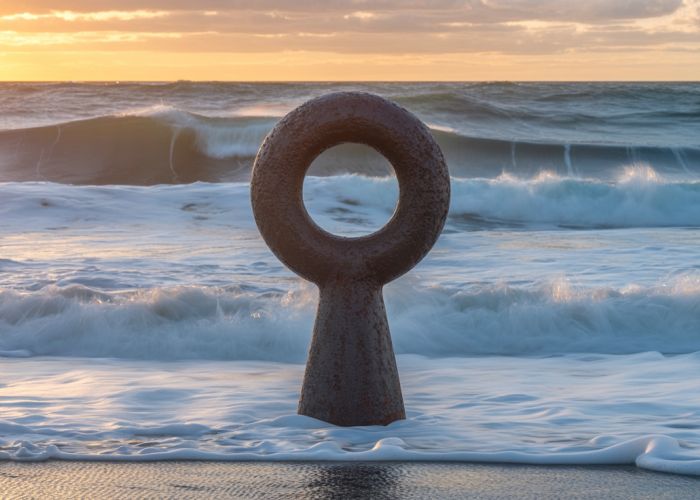 Metal node sculpture silhouetted against crashing waves at sunset.