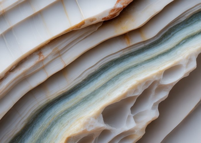 Close-up of non-foliated marble showing interlocking crystals and lack of layering.