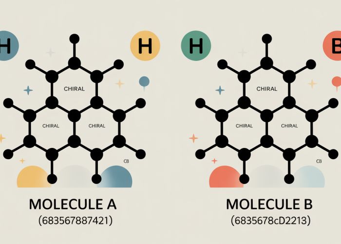 Illustration of two nonsuperimposable mirror image molecules, demonstrating chirality.