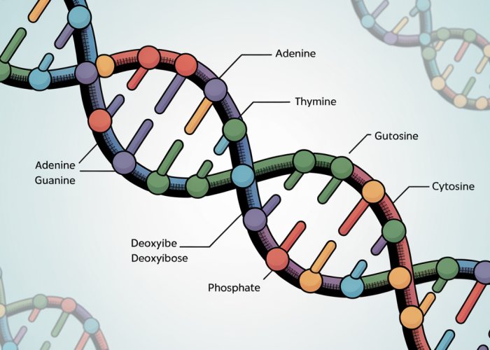 Illustration of DNA showing nucleotide components (Adenine, Thymine, Guanine, Cytosine, sugar, phosphate) highlighting their role as building blocks.