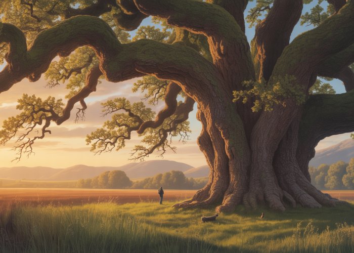 Ancient oak tree standing strong in a field at sunset.