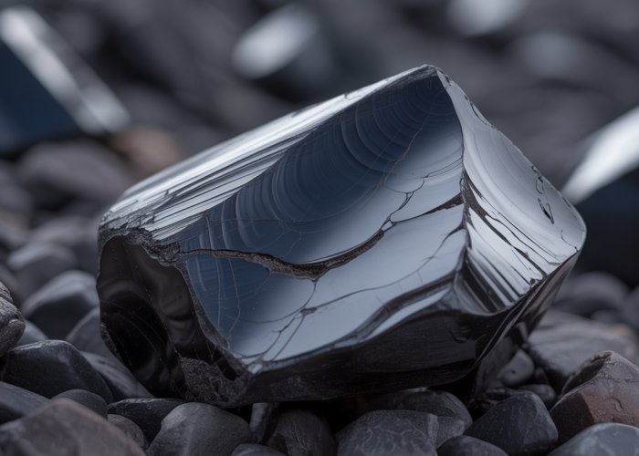Piece of obsidian, a glassy volcanic rock, showing its reflective surface.