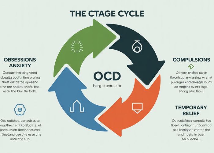 Infographic depicting the four stages of the Obsessive-Compulsive Disorder (OCD) cycle: Obsessions, Anxiety, Compulsions, and Temporary Relief. Arrows illustrate the cyclical nature of the process.