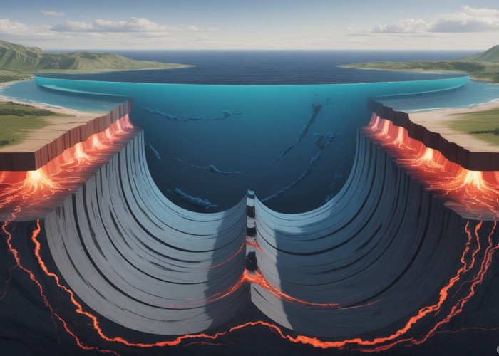 Illustration of an oceanic trench forming at a convergent plate boundary due to subduction, with associated volcanic activity.
