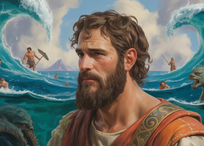 Digital painting of Odysseus, a complex and weary hero from Homer's Odyssey, surrounded by symbols of his travels.