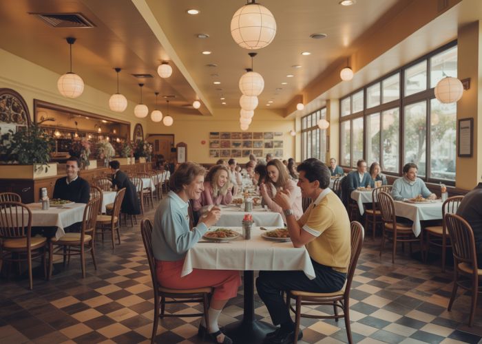 Vintage photo of the first Olive Garden restaurant interior in the 1980s.