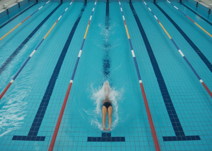 Olympic-sized 50-meter swimming pool with blue water and lane markers.