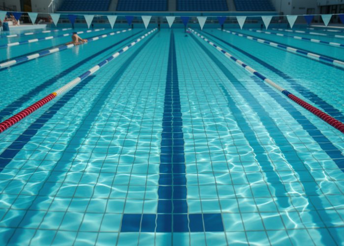 Olympic-sized swimming pool with turquoise water reflecting sunlight.