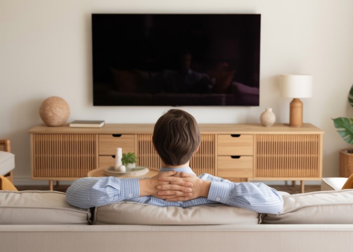 Living room with television mounted at optimal viewing height above a media console.