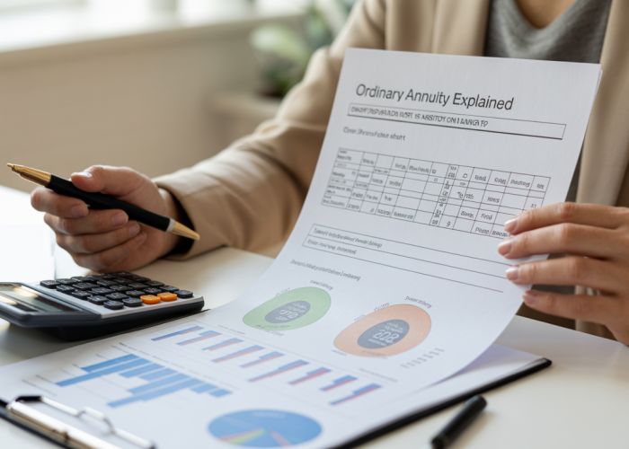 Person reviewing ordinary annuity information for financial planning.