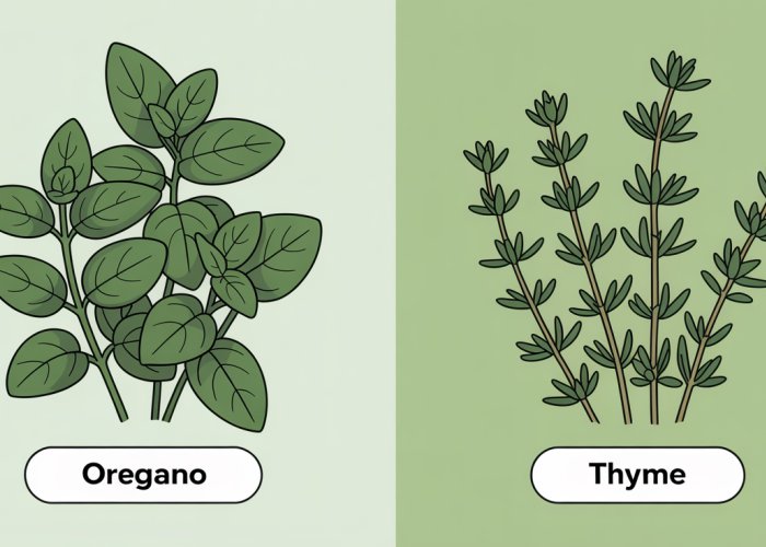 Close-up comparison of fresh oregano and thyme sprigs, showing differences in leaf shape and size.
