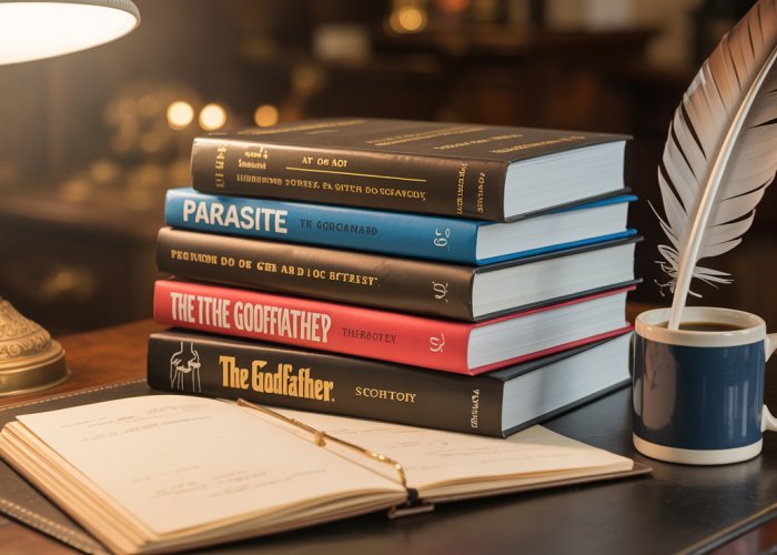 Stack of Oscar-winning screenplays, including 'Parasite' and 'The Godfather,' on a writing desk.