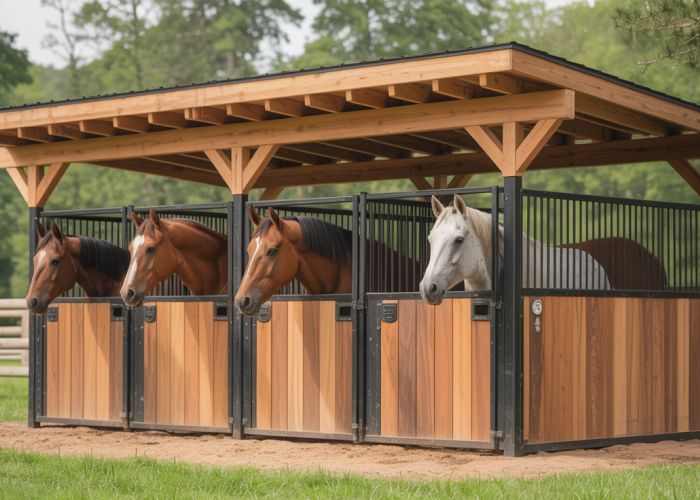 Horses resting comfortably in a sturdy, well-designed outdoor horse stall.