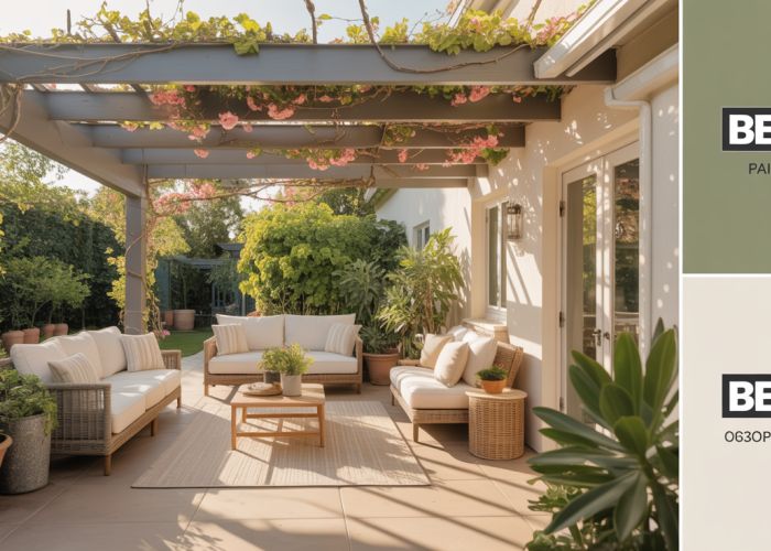 Inviting backyard patio transformed into an outdoor oasis using Behr paint, featuring a pergola, comfortable furniture, and lush greenery.