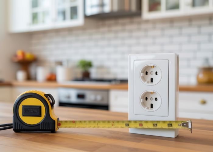 Close-up of an electrical outlet installed above a kitchen countertop, demonstrating standard outlet height requirements.