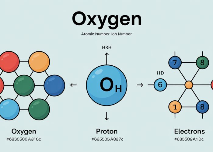 Infographic explaining oxygen's atomic number, proton number, and electron configuration.