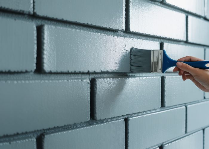 Modern cinder block wall painted a smooth, matte gray color.