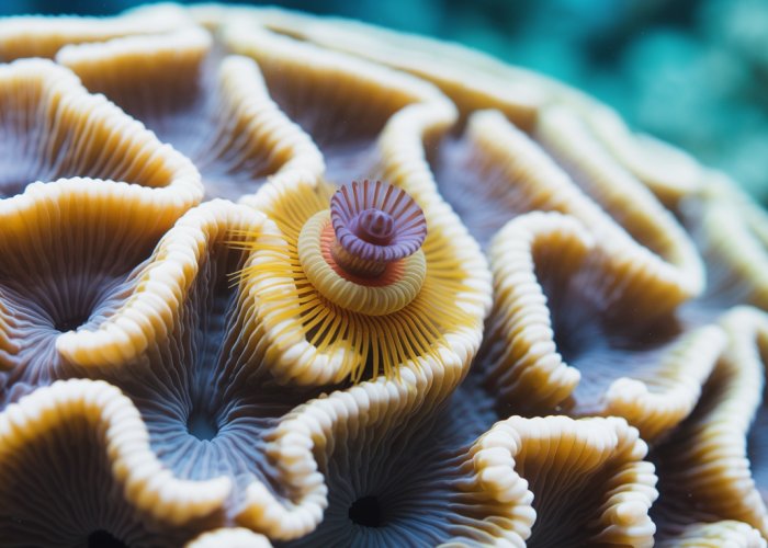 Christmas tree worm parasitizing brain coral