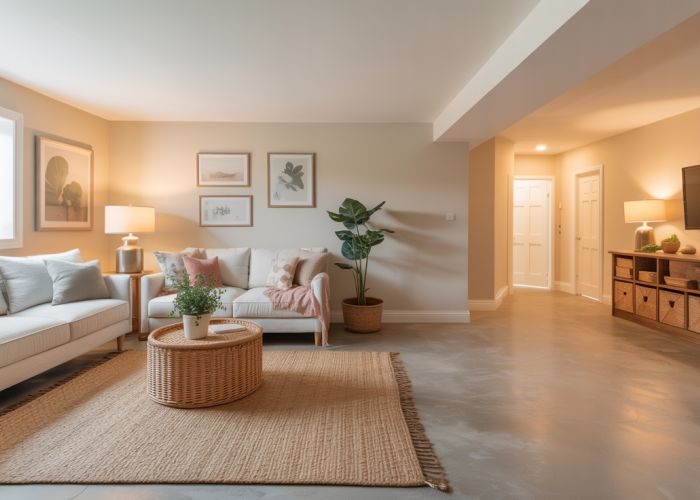 Partially finished basement with cozy living area and unfinished section, showing expansion possibilities.
