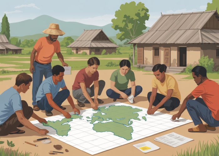 Villagers participating in a Participatory Rural Appraisal (PRA) workshop, collaboratively mapping resources and discussing community needs.