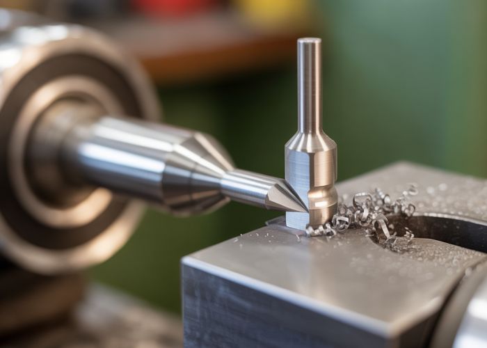 Close-up of a sharp parting tool on a lathe, ready to cut metal.