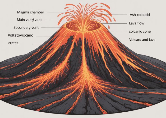 Diagram of a stratovolcano showing and labeling the magma chamber, vent, crater, ash cloud, lava flow, and cone.