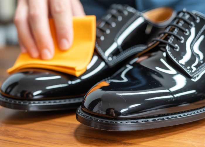 Shiny patent leather shoes being cleaned and polished.