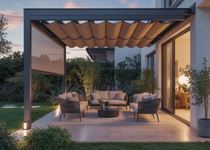 Patio with stylish wind blockers, creating a comfortable outdoor living space.