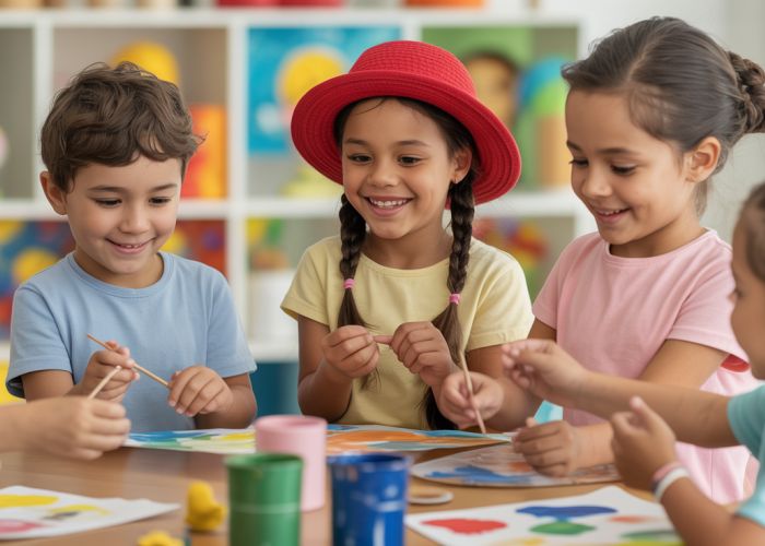 Children with cancer participate in art therapy during a pediatric oncology education program, highlighting the importance of holistic care.