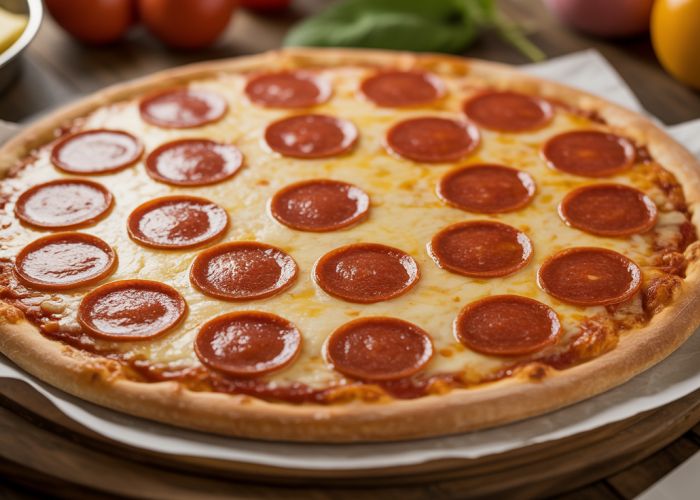 Delicious pepperoni pizza with melted cheese and crispy crust.