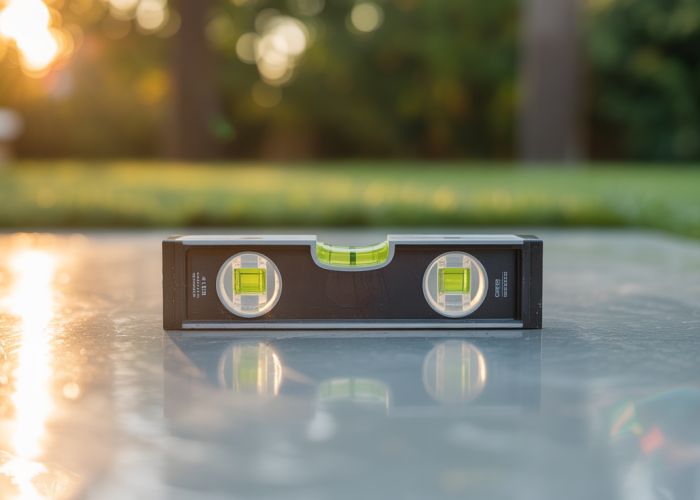 Spirit level indicating perfectly level patio installation.