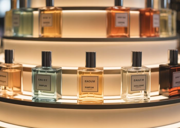 Perfume bottles showing different scent concentrations: Parfum, Eau de Parfum, Eau de Toilette, Eau de Cologne.