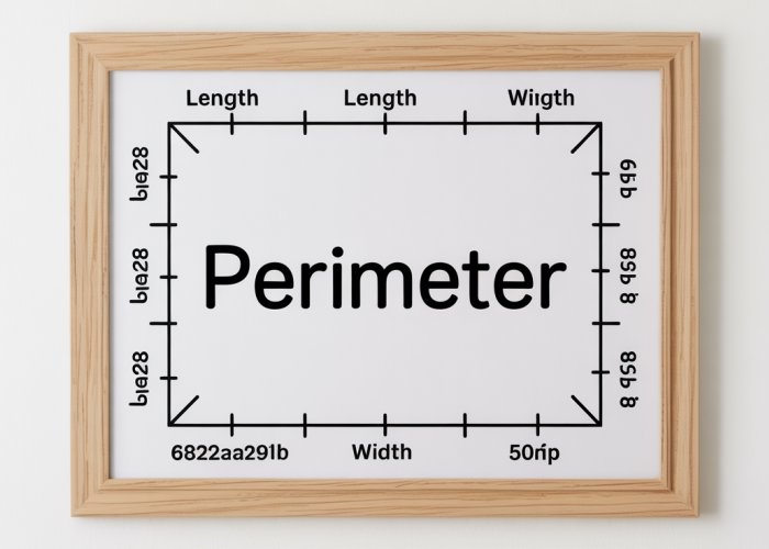 Visual representation of the perimeter formula for a rectangle, showing length, width, and calculation.