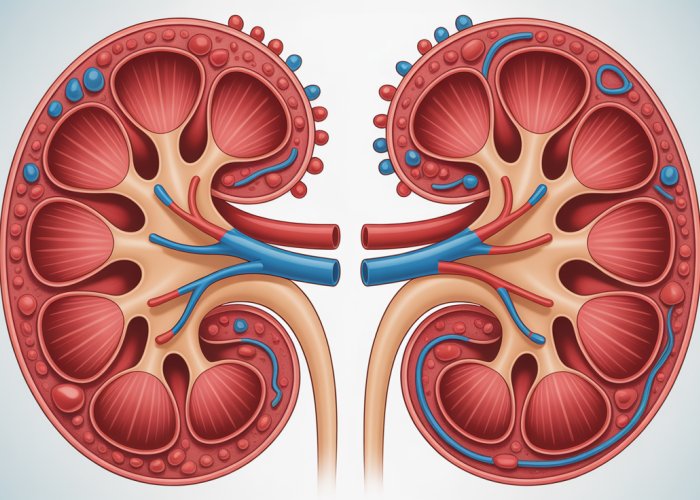 Detailed illustration of peritubular capillaries surrounding a kidney tubule, showcasing their function in reabsorption and secretion.